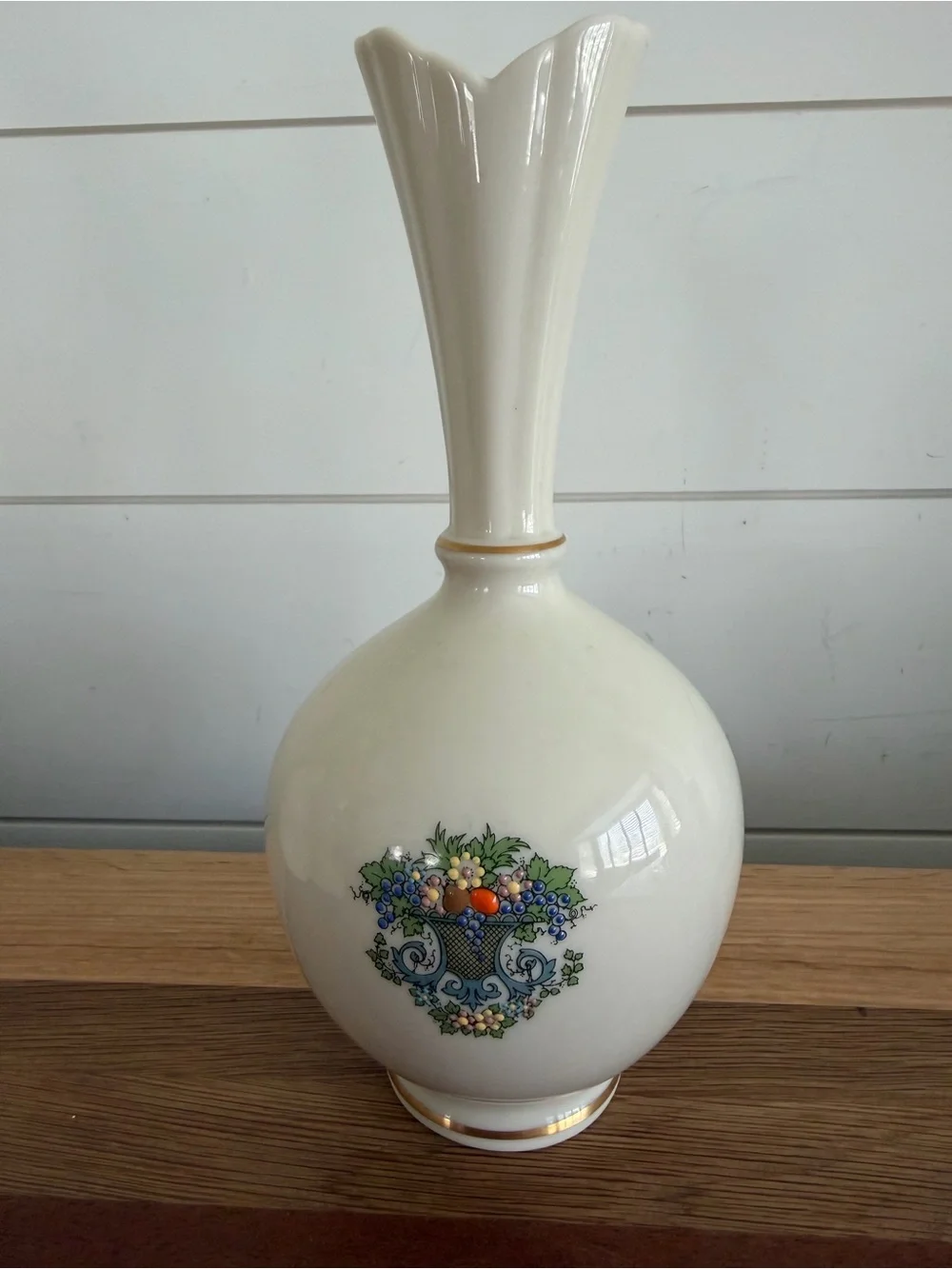 Vintage Lenox Bone China Autumn Bud Vase Ivory Painted Fruit Basket Design